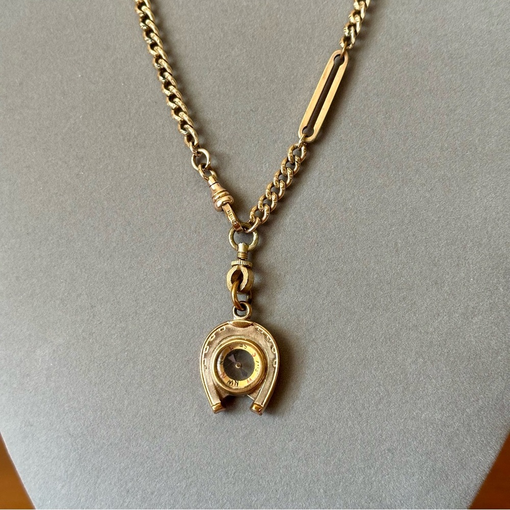 Gold Filled Lucky Horseshoe Compass Watch Chain Pendant Necklace Dog Clip Clasp
